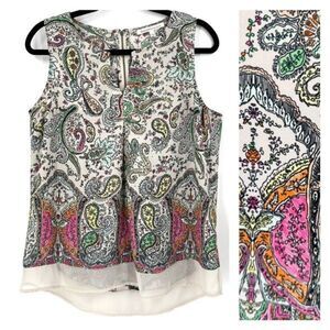 Daniel Rainn Women Sleeveless Paisley Floral Colorful Chiffon Blouse Medium Whit